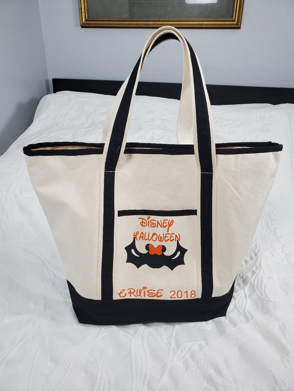 Disney Halloween Cruise 2018 Large Canvas Tote - Black Bat Cream Orange Script